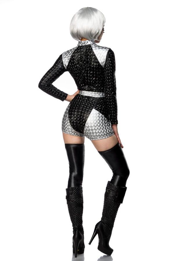 impressive carnival space girl costume consisting jumpsuit with short pant belt and wet look cuffs silver black