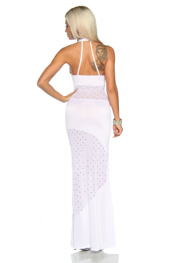exclusive maxi dress decorated with strass and with transparent panel white