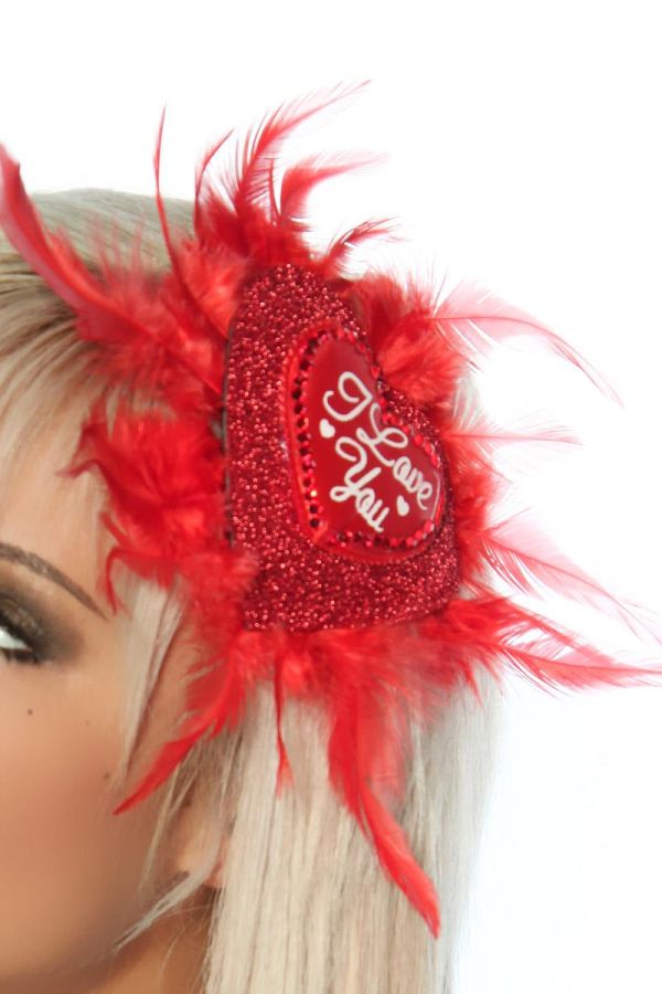 καπέλο μίνι rockability διακοσμημένο με στράς φτερά και τυπωμένο σχέδιο κόκκινο