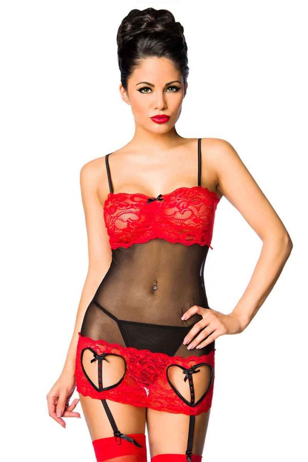 sexy negligee lace transparency sweetheart openings matching thong black red