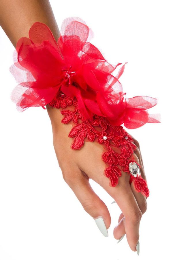 floral hand accessory from embroidery lace finges loop decorated with organza flowers and rhinestones red