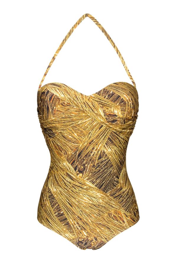 printed bandeau monokini swimwear with soft padding and removable neck tie gold