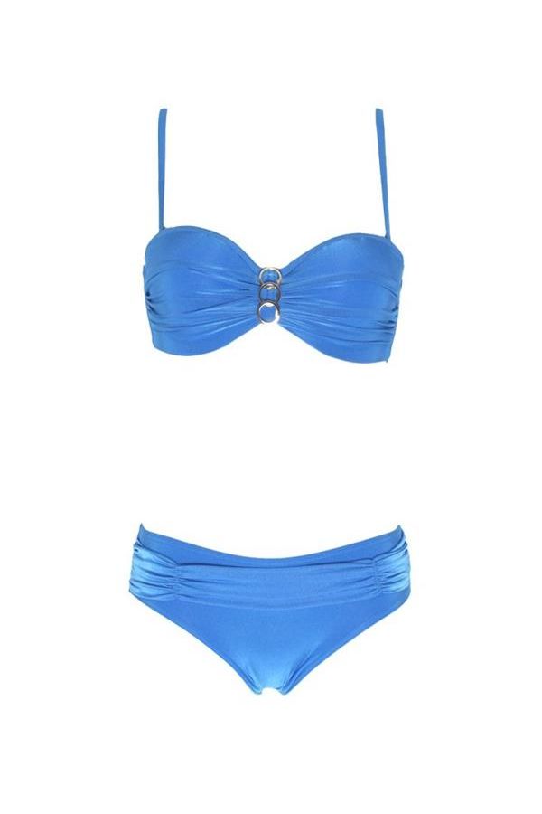 bandeau bikini swimwear with padding metallic silver ring adjustable remoovable straps blue