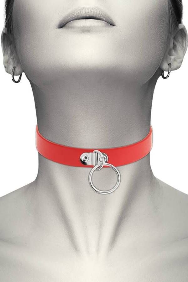 Necklace Choker Silver Decoration Vegan Leatherette Red DRED229292