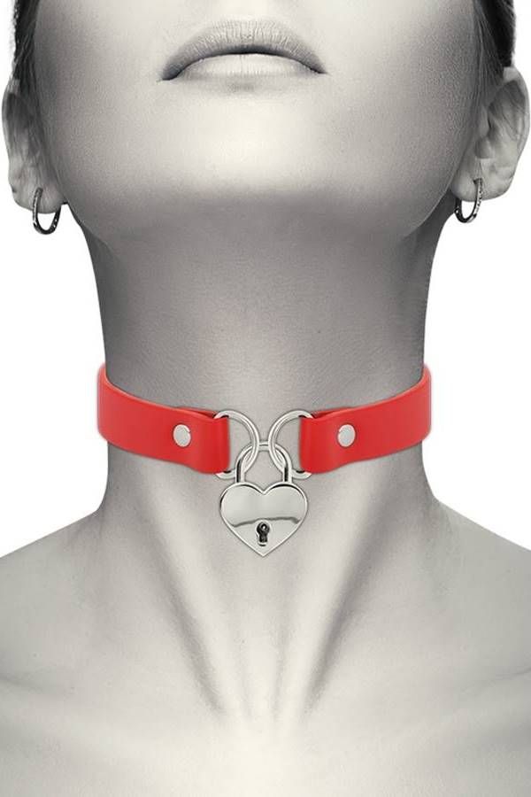 necklace choker silver heart vegan leatherette red.