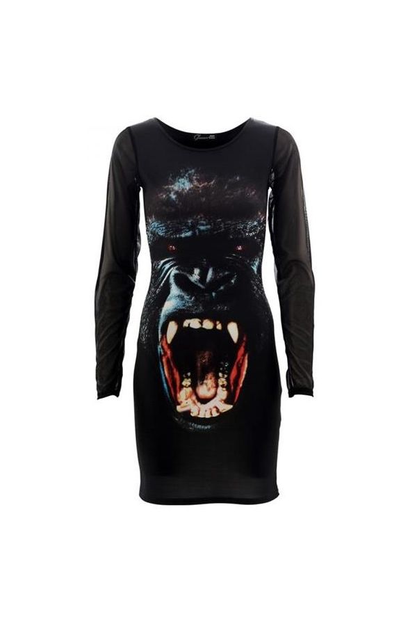 exclusive celebrity dress with long mesh sleeves deocrated with gorilla animal graphic print black