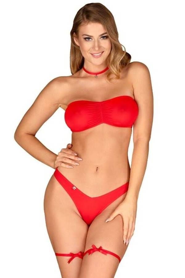 Lingerie Set Bra Brazil Panties Garters Red DRED225542