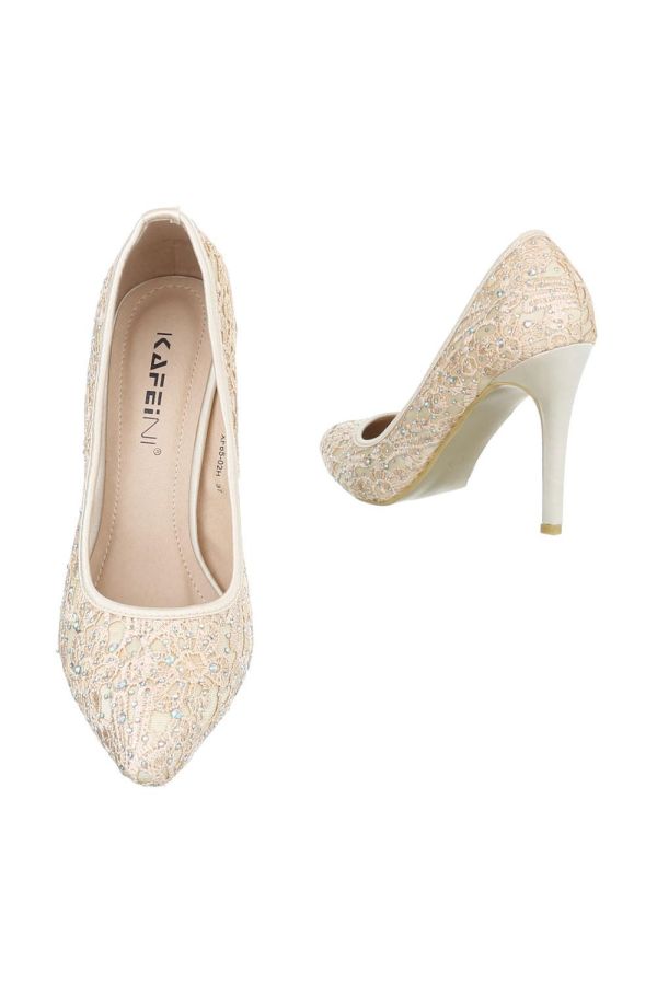 exclusice formal pointed pump with lace design and decorated with rhinestones beige