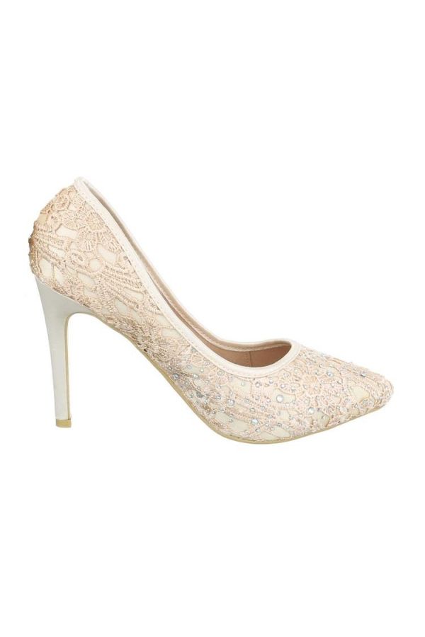 exclusice formal pointed pump with lace design and decorated with rhinestones beige
