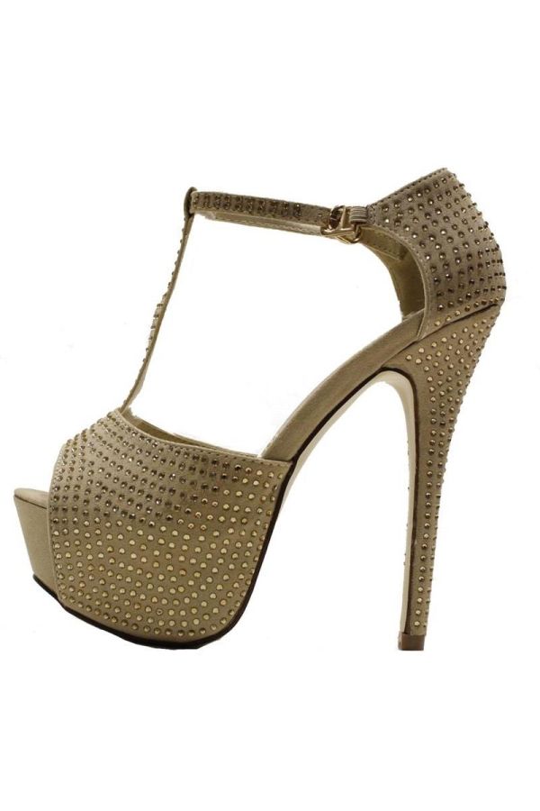 high heels sandal formal suede decorated with rhinestones beige