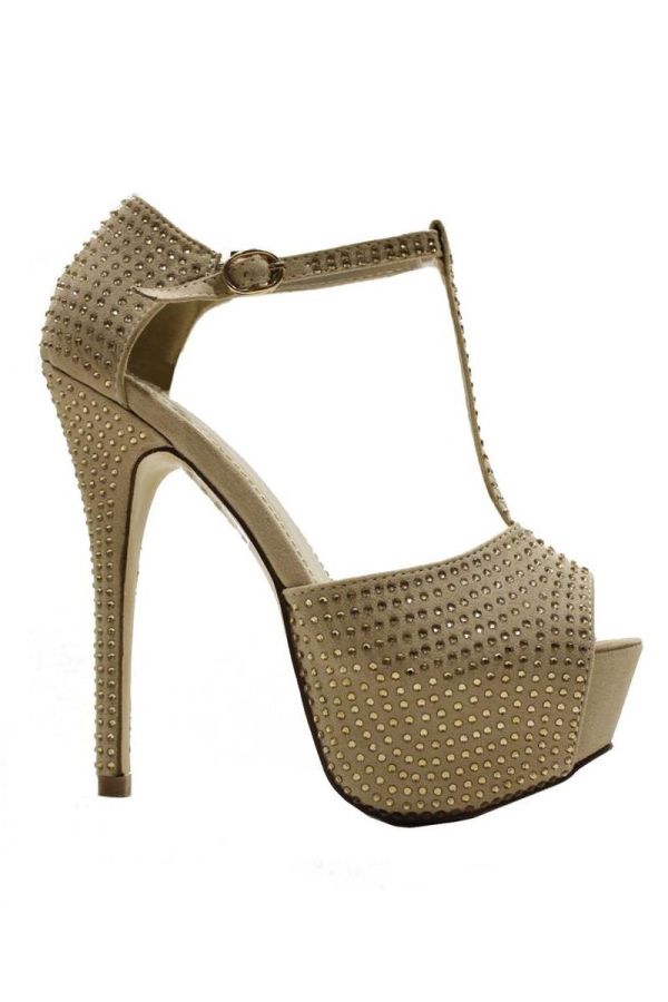 high heels sandal formal suede decorated with rhinestones beige