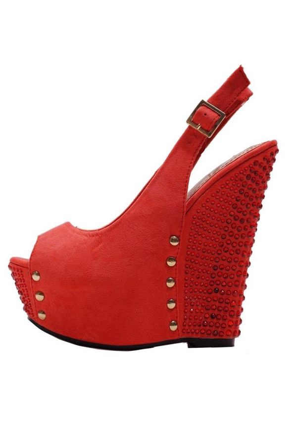 high heel platform suede sandal with internal platform decorated with metallic studs and strass red
