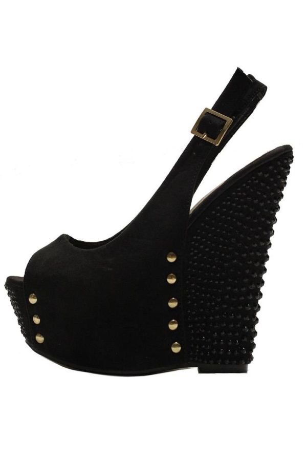high heel platform suede sandal with internal platform decorated with metallic studs and strass black
