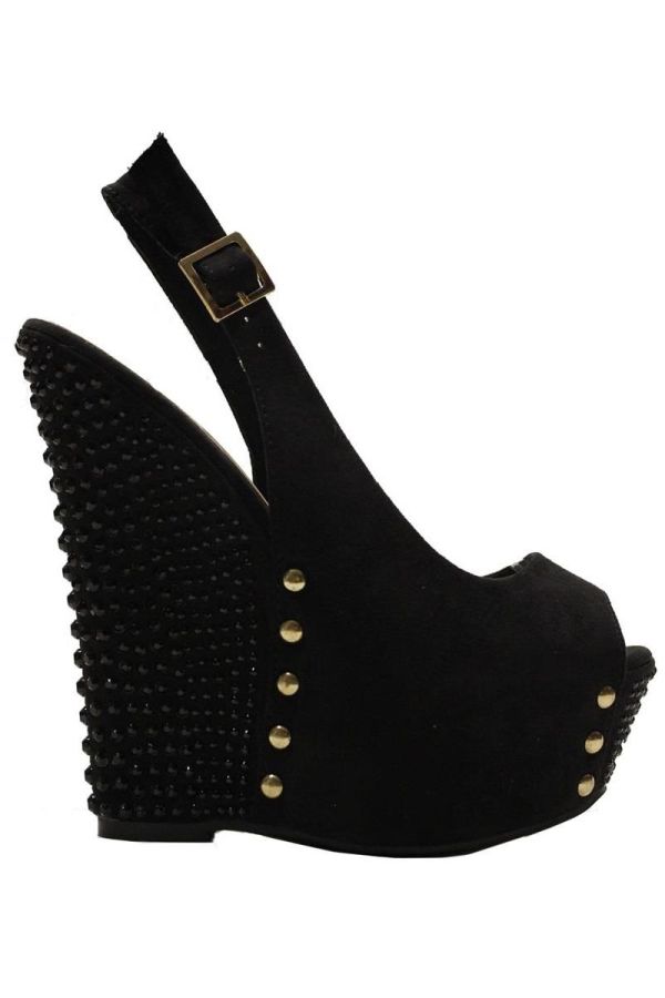 high heel platform suede sandal with internal platform decorated with metallic studs and strass black