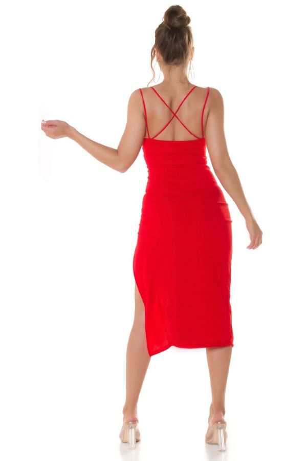 Φόρεμα Midi Ασύμμετρο Σέξι Σκίσιμο Κόκκινο ISDK30122