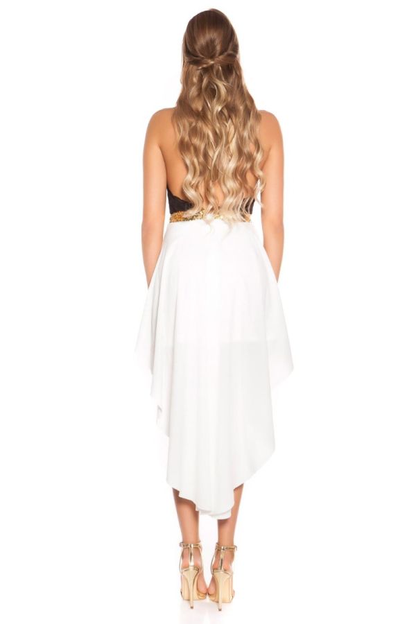 Φόρεμα Βραδινό Ασύμμετρο Μακρύ Πίσω Δαντέλα Μαύρο Άσπρο ISDK18424