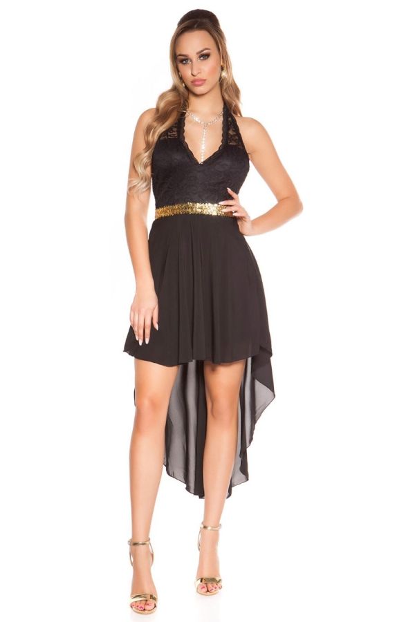 Φόρεμα Βραδινό Ασύμμετρο Μακρύ Πίσω Δαντέλα Μαύρο ISDK18424