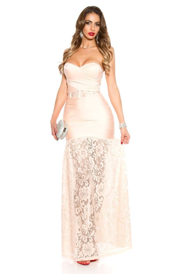 dress formal maxi long strapless lace beige.