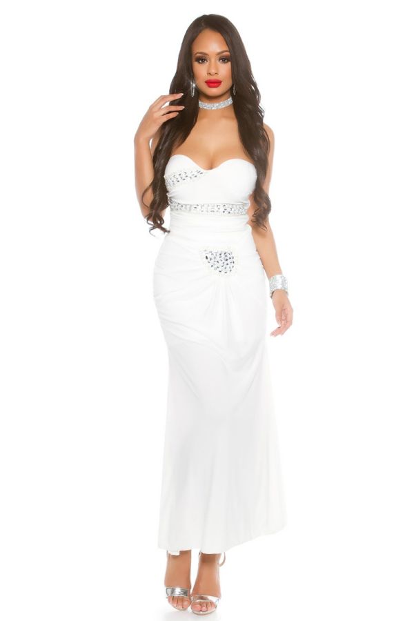 Φόρεμα Μακρύ Βραδινό Στράπλες Πέτρες Άσπρο ISDK91391