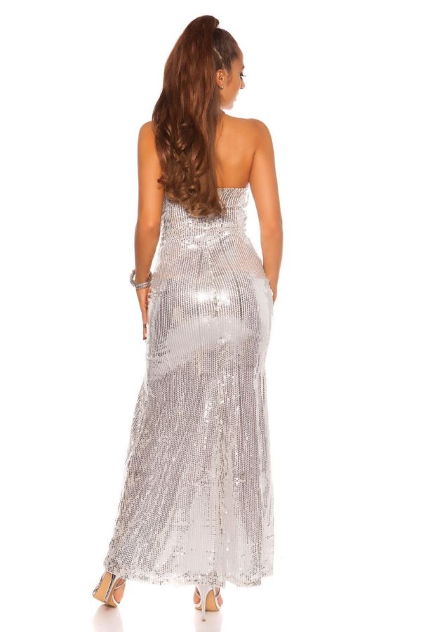 Φόρεμα Μακρύ Βραδινό Στράπλες Ασημί Παγιέτες Άσπρο ISD76008311