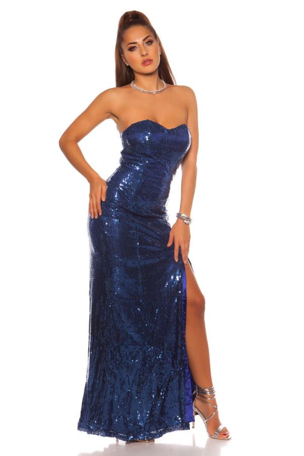 Φόρεμα Μακρύ Βραδινό Στράπλες Παγιέτες Μπλε ISD76008311