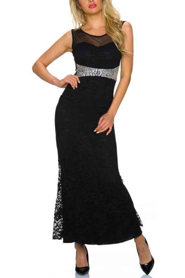 Φόρεμα Μάξι Βραδινό Πέτρες Δαντέλα Μαύρο QQ1923194