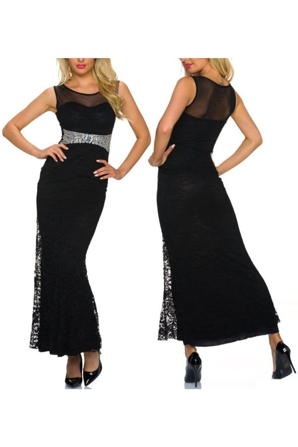 Φόρεμα Μάξι Βραδινό Πέτρες Δαντέλα Μαύρο QQ1923194