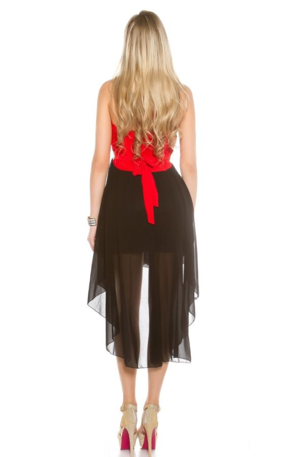 Φόρεμα Βραδινό Ασύμμετρο Μακρύ Πίσω Μαύρο Κόκκινο ISDT20335