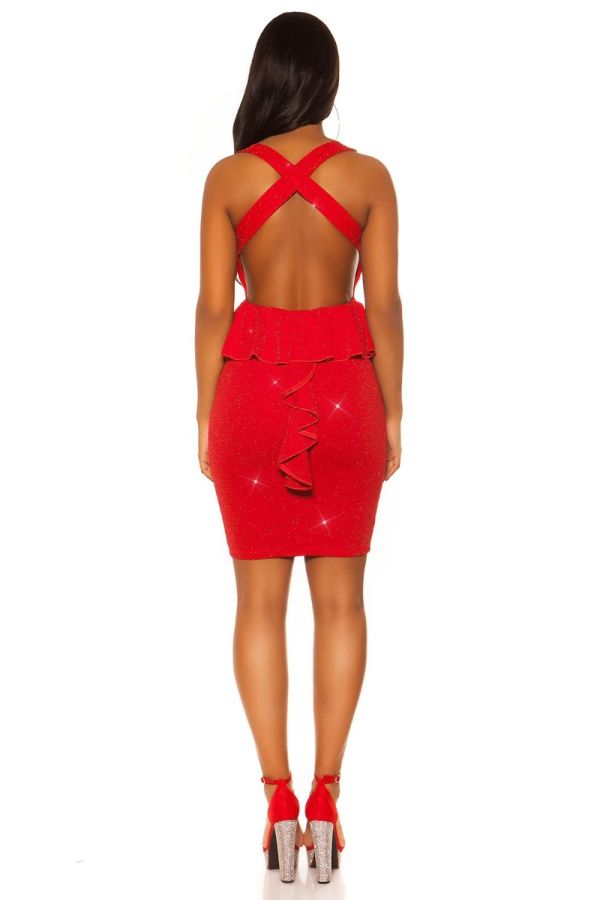 Φόρεμα Βραδινό Χιαστί Πλάτη Ασημί Glitter Κόκκινο
