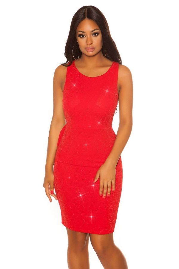 Φόρεμα Βραδινό Χιαστί Πλάτη Ασημί Glitter Κόκκινο