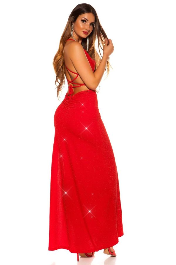 Φόρεμα Μάξι Βραδινό Σέξι Κόκκινο Ασημί ISDK2010872