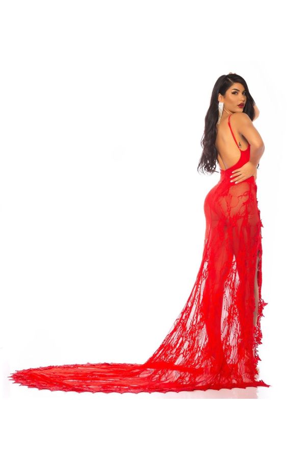 φόρεμα red carpet ουρά δαντέλα κόκκινο.