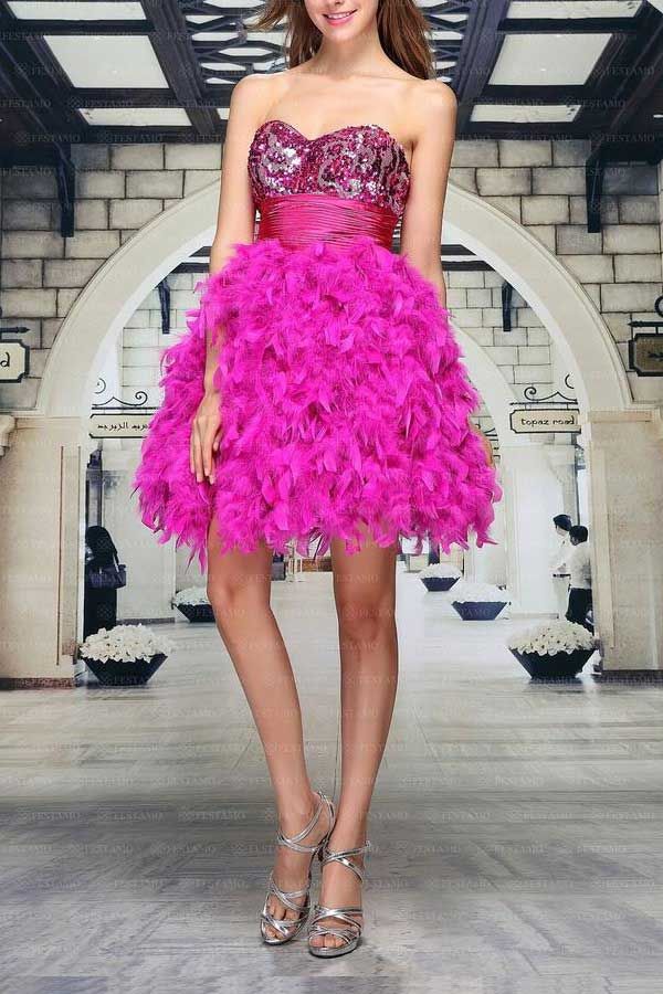 Dress Formal Feathers Strapless Sequins Fushsia