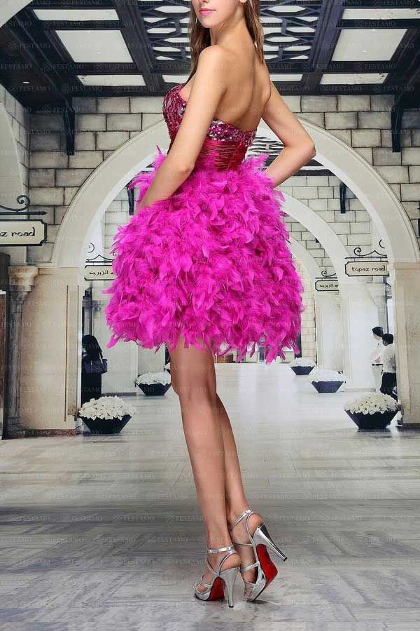 Dress Formal Feathers Strapless Sequins Fushsia