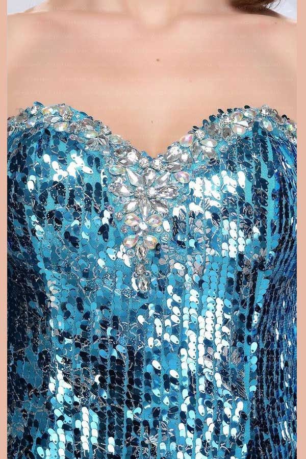 Dress Evening Formal Strapless Rhinestones Sequins Blue