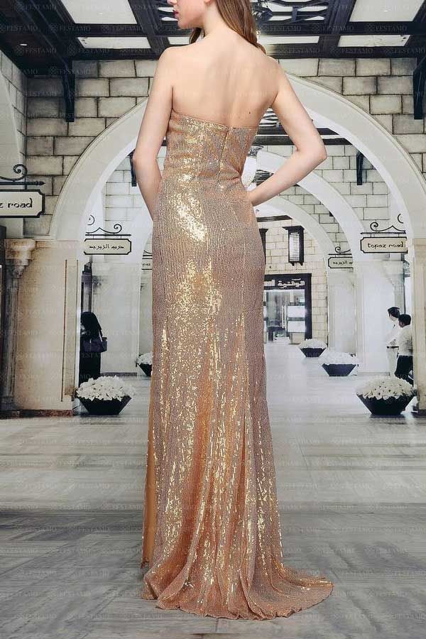 Dress Formal Red Carpet Long Strapless Sequins Gold