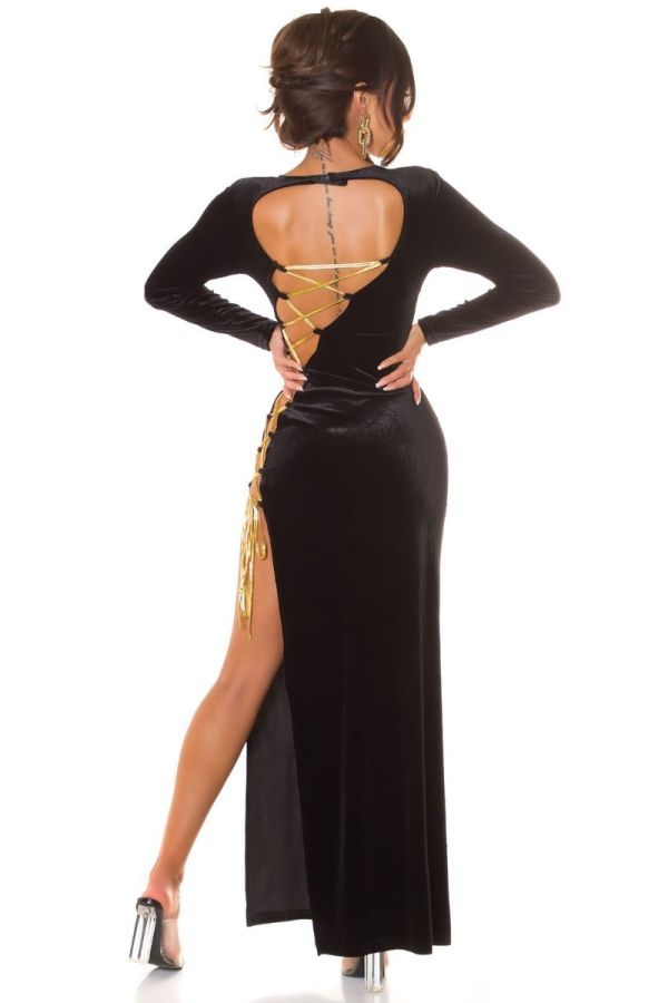 Φόρεμα Gala Μακρύ Χρυσά Λουριά Σκίσιμο Μαύρο