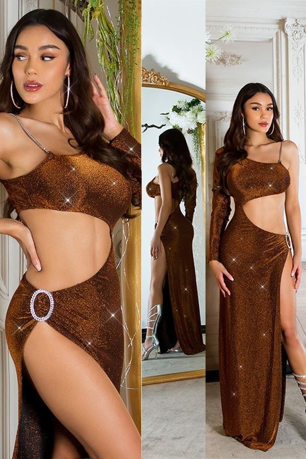 Φόρεμα Gala Βραδινό Σέξι Σκίσιμο Bronze ISDK2080312