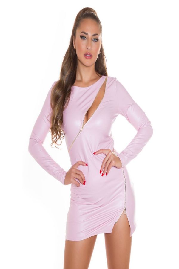 Φόρεμα Κοντό Εγκοπές Φερμουάρ Wetlook Ροζ