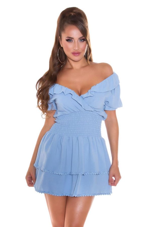 Φόρεμα Κοντό Έξω Ώμοι Μπλε ISDK52950