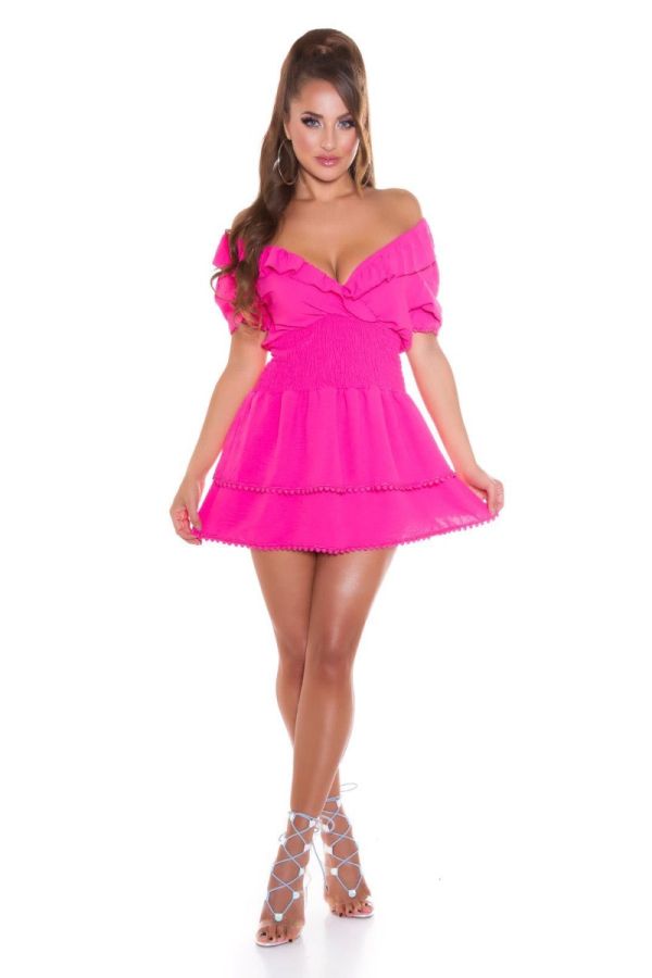 Φόρεμα Κοντό Έξω Ώμοι Ροζ ISDK52950