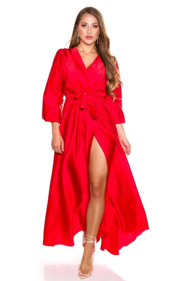 φόρεμα μάξι κρουαζέ βραδινό σατέν κόκκινο.