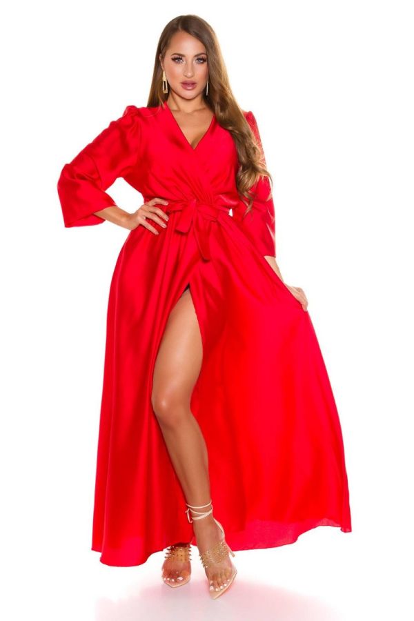 φόρεμα μάξι κρουαζέ βραδινό σατέν κόκκινο.