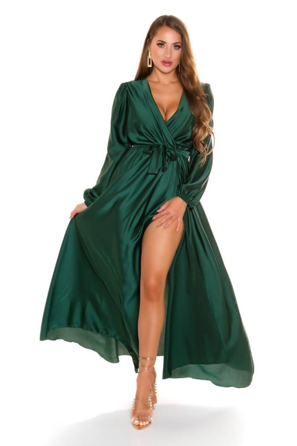 φόρεμα μάξι κρουαζέ βραδινό σατέν πράσινο.