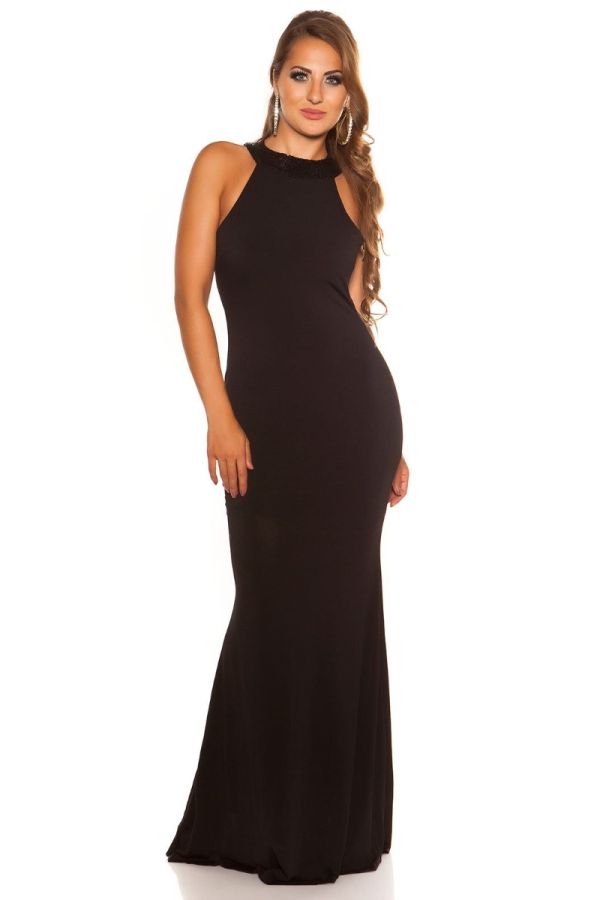 elegant maxi black sleeveless dress sexy back decorated sequins.