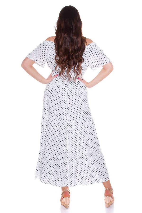 Φόρεμα Μακρύ Έξω Ώμοι Πουά Άσπρο ISDK91109