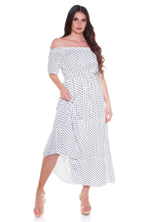 Φόρεμα Μακρύ Έξω Ώμοι Πουά Άσπρο ISDK91109