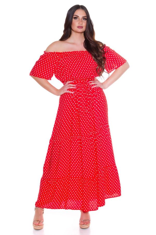 Φόρεμα Μακρύ Έξω Ώμοι Πουά Κόκκινο ISDK91109