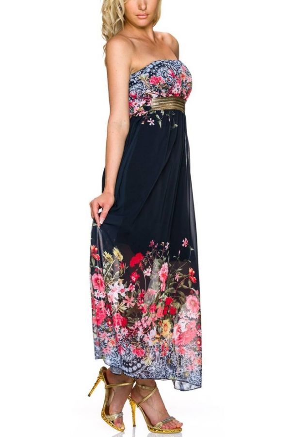 Dress Long Strapless Colorful Floral Black TQ1924156