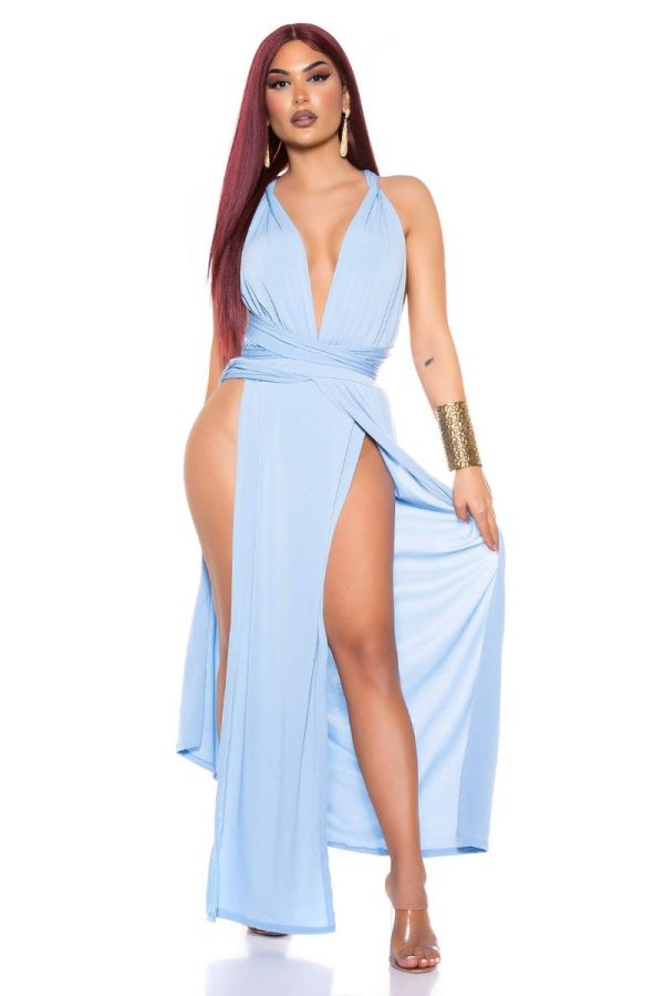 φόρεμα μακρύ σέξι σκισίματα χιαστί πλάτη baby μπλε.